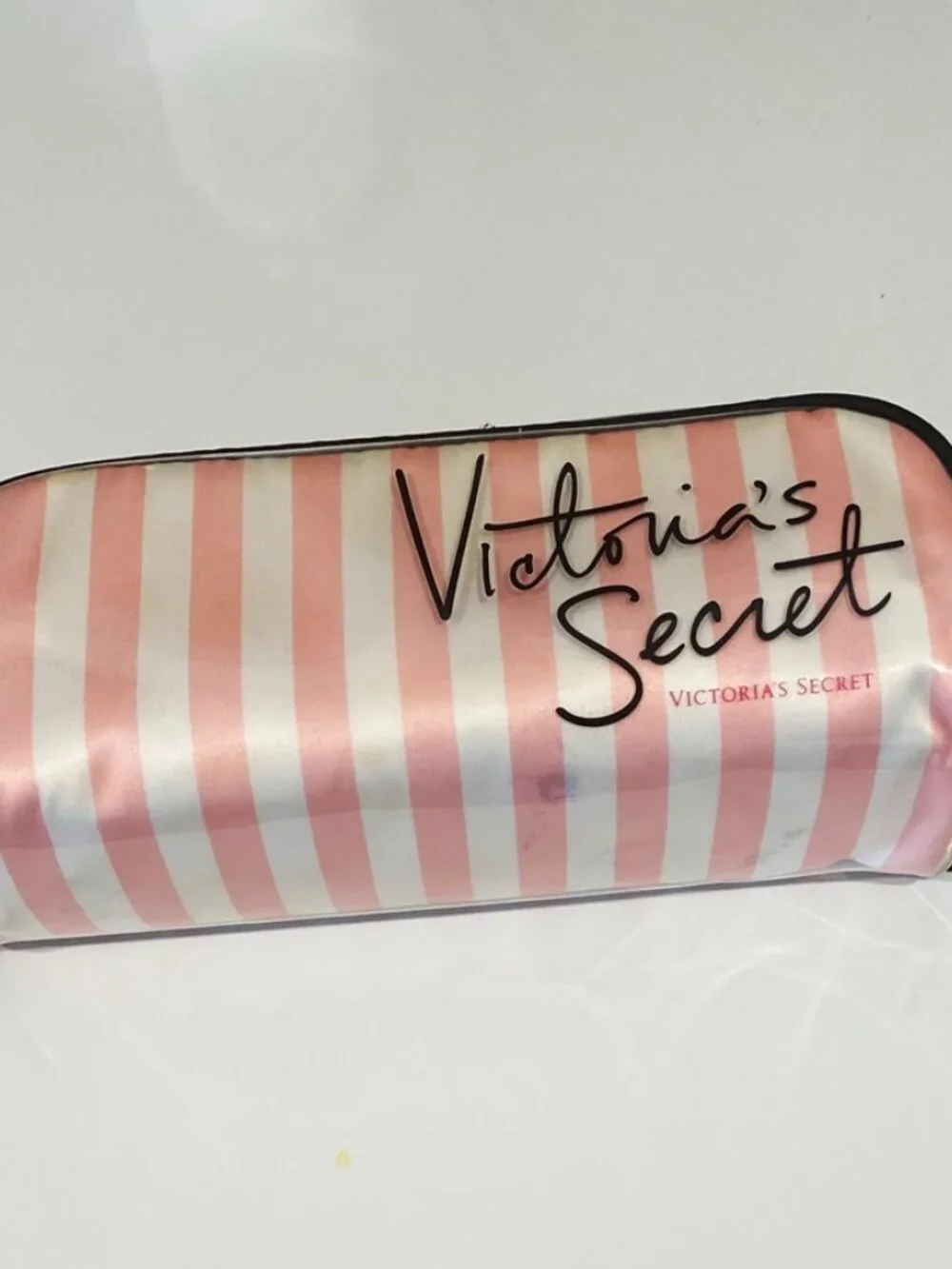 Victoria's Secret Cosmetic Bag Pink Stripe Black Trim Zip Top Lined Makeup Case